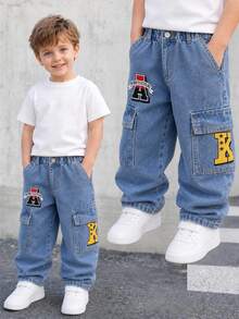 SHEIN Genkimix Kids 男童街頭風休閒拼色對比縫線寬鬆直筒百搭工裝牛仔長褲 - 中等水洗藍 - 查看 4