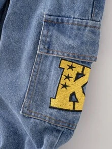 SHEIN Genkimix Kids 男童街頭風休閒拼色對比縫線寬鬆直筒百搭工裝牛仔長褲 - 中等水洗藍 - 查看 5