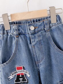 SHEIN Genkimix Kids 男童街頭風休閒拼色對比縫線寬鬆直筒百搭工裝牛仔長褲 - 中等水洗藍 - 查看 7