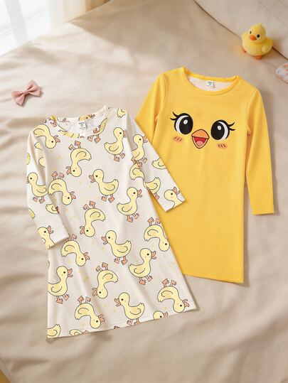 2pcs/Set Autumn/Winter Young Girl Fashion Yellow Cute Duck Print Long Sleeve Crew Neck Comfortable Milk Silk Fabric Loungewear Nightgown, Home Wear, Holiday Party
