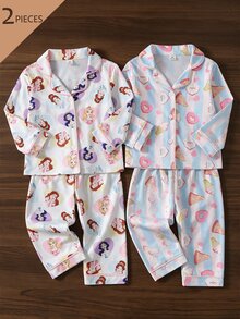 SHEIN 女童甜美可愛優雅休閒日常舒適粉色仙女蝴蝶結卡通印花開襟長袖上衣與長褲2件套居家服 - 彩色 - 查看 1