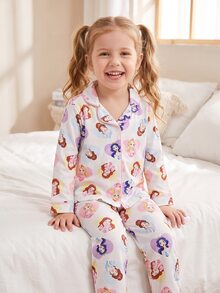 SHEIN 女童甜美可愛優雅休閒日常舒適粉色仙女蝴蝶結卡通印花開襟長袖上衣與長褲2件套居家服 - 彩色 - 查看 6