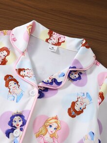 SHEIN 女童甜美可愛優雅休閒日常舒適粉色仙女蝴蝶結卡通印花開襟長袖上衣與長褲2件套居家服 - 彩色 - 查看 4