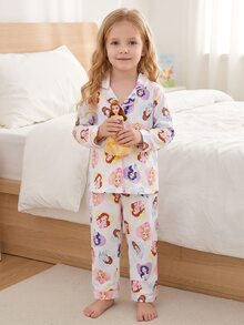SHEIN 女童甜美可愛優雅休閒日常舒適粉色仙女蝴蝶結卡通印花開襟長袖上衣與長褲2件套居家服 - 彩色 - 查看 7