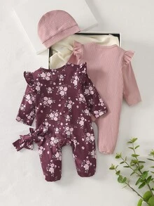 4 Packs Newborn Baby Girl Rompers With Cute Floral Pattern, Ruffle Trim, Flutter Sleeves, Long Sleeves, Footed Bodysuit, Bow Hat, Floral Headband, Home Wear 4-Piece Set - Pink - View 3