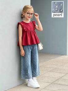 SHEIN Genkimix Kids 两件套：少女可爱简约休闲荷叶边无袖上衣和时尚铆钉牛仔裤 - 酒紅色 - 查看 4