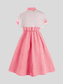 SHEIN Explorewe Tween女孩返校季新款休閒時尚復古設計極簡條紋披肩短袖中長牛仔洋裝，夏季高腰質感洋裝，適合女孩夏季出遊日常休閒韓系穿搭 - 粉色 - 查看 3