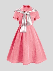 SHEIN Explorewe Tween女孩返校季新款休閒時尚復古設計極簡條紋披肩短袖中長牛仔洋裝，夏季高腰質感洋裝，適合女孩夏季出遊日常休閒韓系穿搭 - 粉色 - 查看 10