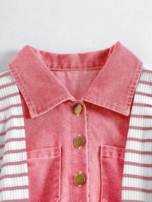 SHEIN Explorewe Tween女孩返校季新款休閒時尚復古設計極簡條紋披肩短袖中長牛仔洋裝，夏季高腰質感洋裝，適合女孩夏季出遊日常休閒韓系穿搭 - 粉色 - 查看 4