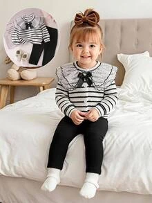 SHEIN Playful Pals 女嬰 2 件套秋季幼兒黑白條紋黑色針織開襟外套蕾絲網紗領結長褲套裝秋季服飾 - 黑與白 - 查看 4