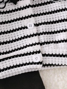 SHEIN Playful Pals 女嬰 2 件套秋季幼兒黑白條紋黑色針織開襟外套蕾絲網紗領結長褲套裝秋季服飾 - 黑與白 - 查看 6