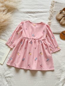 SHEIN Vintaside Kids 女嬰幼兒女童燈芯絨襯衫洋裝 優雅甜美 粉色花卉荷葉邊鈕扣長袖圓領 常規款 生日 秋季 婚禮賓客 時尚 - 粉色 - 查看 2