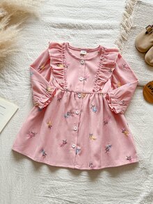 SHEIN Vintaside Kids 女嬰幼兒女童燈芯絨襯衫洋裝 優雅甜美 粉色花卉荷葉邊鈕扣長袖圓領 常規款 生日 秋季 婚禮賓客 時尚 - 粉色 - 查看 3