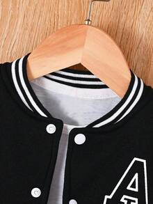 SHEIN Playful Pals 2件組中性嬰兒幼兒美式校園運動風字母A貼布繡黑白對比壓扣棒球領長袖棒球夾克與長褲休閒運動套裝，適合日常穿著、返校秋季校服，男嬰衣著 - 黑色 - 查看 6