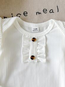 SHEIN Vintaside Kids 2件組女嬰連身衣+長褲套裝，甜美可愛白色黃色羅紋蝴蝶結花卉提花豹紋長袖圓領，生日派對秋季假期穿搭 - 黃色 - 查看 5