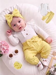 SHEIN Vintaside Kids 2件組女嬰連身衣+長褲套裝，甜美可愛白色黃色羅紋蝴蝶結花卉提花豹紋長袖圓領，生日派對秋季假期穿搭 - 黃色 - 查看 3