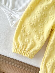 SHEIN Vintaside Kids 2件組女嬰連身衣+長褲套裝，甜美可愛白色黃色羅紋蝴蝶結花卉提花豹紋長袖圓領，生日派對秋季假期穿搭 - 黃色 - 查看 7