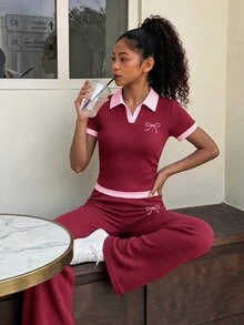 SHEIN Elladie kids 學院風少女對比色兩件套，條紋彼得潘領上衣搭配抽褶腰寬腿褲，學生紅波點款，適合夏季與秋季 - 紅色 - 查看 8