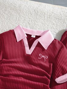 SHEIN Elladie kids 學院風少女對比色兩件套，條紋彼得潘領上衣搭配抽褶腰寬腿褲，學生紅波點款，適合夏季與秋季 - 紅色 - 查看 3