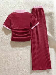 SHEIN Elladie kids 學院風少女對比色兩件套，條紋彼得潘領上衣搭配抽褶腰寬腿褲，學生紅波點款，適合夏季與秋季 - 紅色 - 查看 2