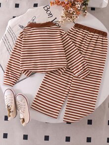 Genkimix Kids Bộ quần áo trẻ em 2 món cho bé gái YOUNG GIRLS gồm áo tay dài cổ bẻ kẻ sọc và quần cạp chun, chất mềm phong cách thường ngày - màu nâu - Xem 2
