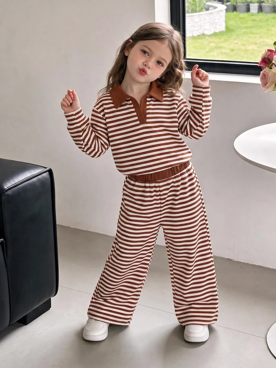 Genkimix Kids Bộ quần áo trẻ em 2 món cho bé gái YOUNG GIRLS gồm áo tay dài cổ bẻ kẻ sọc và quần cạp chun, chất mềm phong cách thường ngày - màu nâu - Xem 1