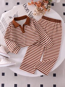 Genkimix Kids Bộ quần áo trẻ em 2 món cho bé gái YOUNG GIRLS gồm áo tay dài cổ bẻ kẻ sọc và quần cạp chun, chất mềm phong cách thường ngày - màu nâu - Xem 8