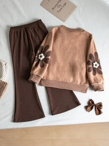 SHEIN Elladie kids 女童 2 件套豹紋 3D 蝴蝶結可愛衛衣與長褲套裝，秋季新款，適合秋冬室內外穿著，生日禮物，棕色 - 卡其色 - 查看 2