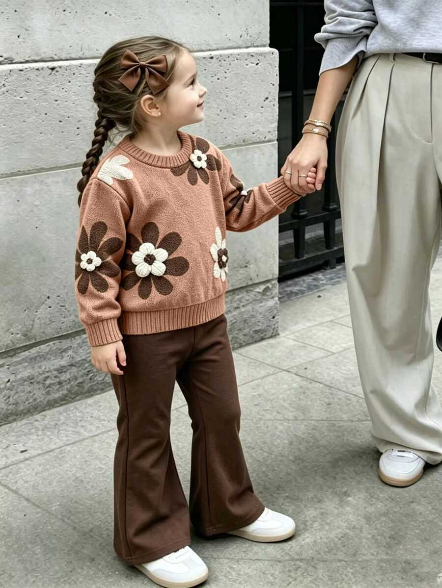 SHEIN Elladie kids 女童 2 件套豹紋 3D 蝴蝶結可愛衛衣與長褲套裝,秋季新款,適合秋冬室內外穿著,生日禮物,棕色 - 卡其色 - 查看 1