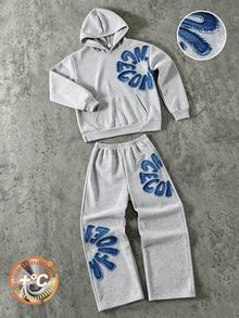 2件組 男士青少年街頭風寬鬆花卉滿版印花連帽套頭衛衣直筒長褲套裝，美式高街復古藍色秋季 - 灰色 - 查看 3