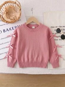 SHEIN Fashionable Versatile Cute Bowknot Pullover Round Neck Sweater For Girls - Pink - View 8