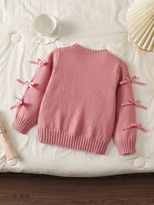 SHEIN Fashionable Versatile Cute Bowknot Pullover Round Neck Sweater For Girls - Pink - View 2