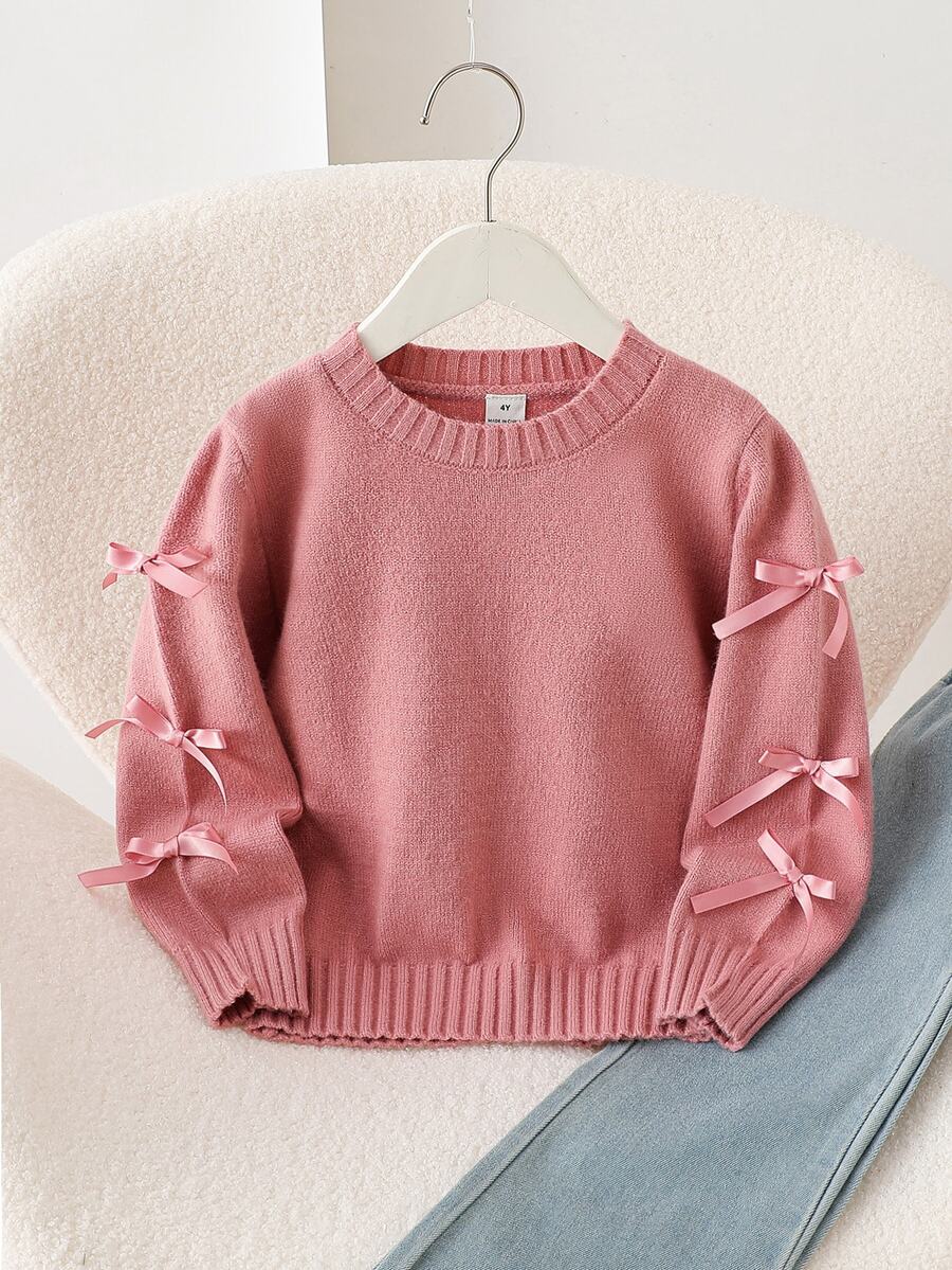 SHEIN Fashionable Versatile Cute Bowknot Pullover Round Neck Sweater For Girls - Pink - View 1