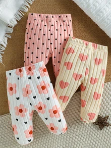 SHEIN 新生女嬰棉製連腳褲 3件套，純色 + 花卉 + 小印花，春秋嬰兒連腳褲打底褲套裝 - 彩色 - 查看 2