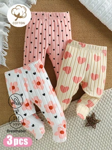 SHEIN 新生女嬰棉製連腳褲 3件套，純色 + 花卉 + 小印花，春秋嬰兒連腳褲打底褲套裝 - 彩色 - 查看 4