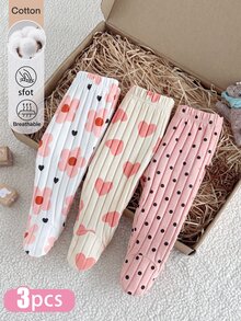 SHEIN 新生女嬰棉製連腳褲 3件套，純色 + 花卉 + 小印花，春秋嬰兒連腳褲打底褲套裝 - 彩色 - 查看 1