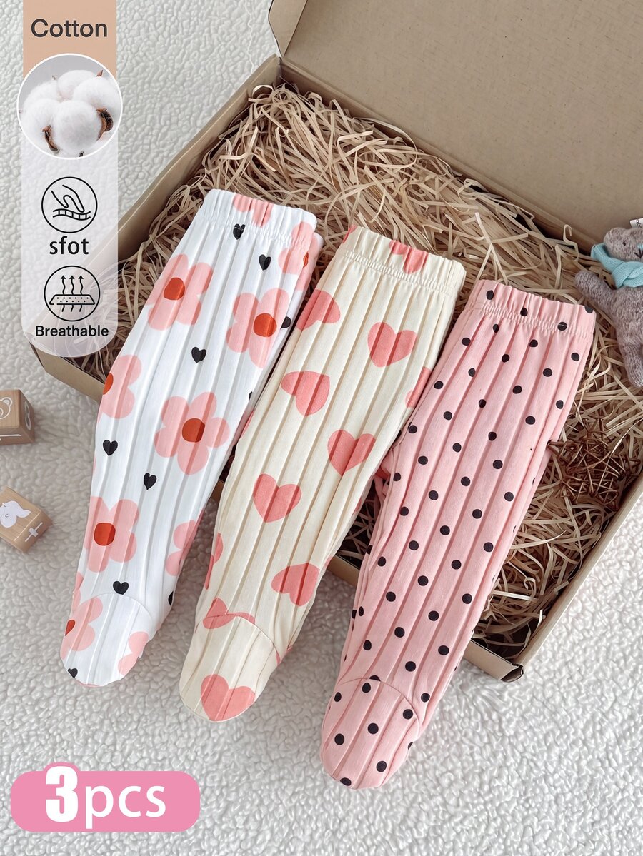 SHEIN 新生女嬰棉製連腳褲 3件套,純色 + 花卉 + 小印花,春秋嬰兒連腳褲打底褲套裝 - 彩色 - 查看 1