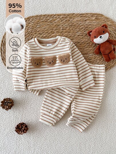 SHEIN Newborn Baby Autumn/Winter Apricot Knitted Striped Cartoon Bear Embroidered Sweatshirt & Sweatpants Set, Cute Fashionable Comfortable Playful Minimalist Style Suitable For Home, Outdoor And Other Occasions