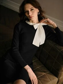 MOTF PREMIUM WOMEN'S ELEGANT BOW DECOR SWEATER DRESS - Black - View 6