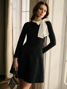 MOTF PREMIUM WOMEN'S ELEGANT BOW DECOR SWEATER DRESS - Black - View 3
