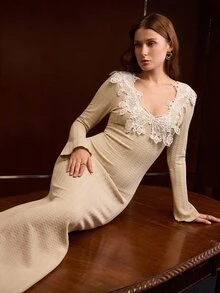 MOTF PREMIUM WOMEN'S LONG DRESS WITH GUIPURE LACE PATCHWORK WEDDING DINNER TEA PARTY BEIGE AUTUMN FRENCH ELEGANT - Apricot - View 5