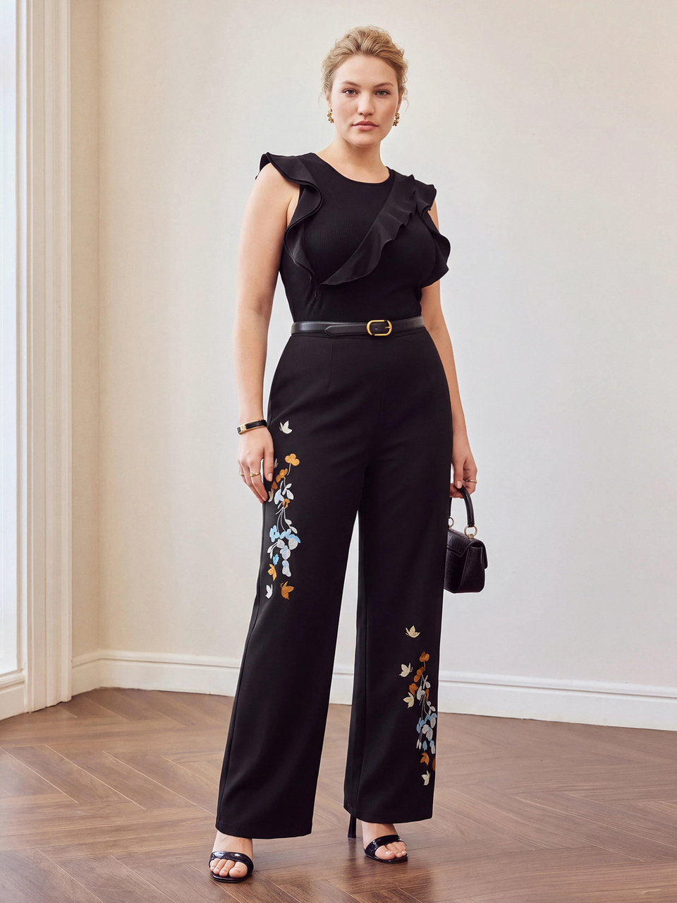MOTF PLUS SIZE WOMEN'S EMBROIDERED STRAIGHT LEG PANTS WINTER PARTY OFFICE BLACK ELEGANT BUSINESS CASUAL