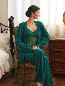 Côtesoire Women's Elegant Lace Patchwork Camisole Long Sleeve Top And Pants Pajama Set - Dark Green - View 5