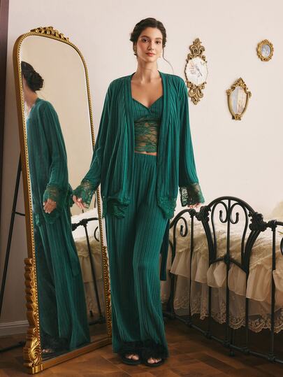 Côtesoire Women's Elegant Lace Patchwork Camisole Long Sleeve Top And Pants Pajama Set