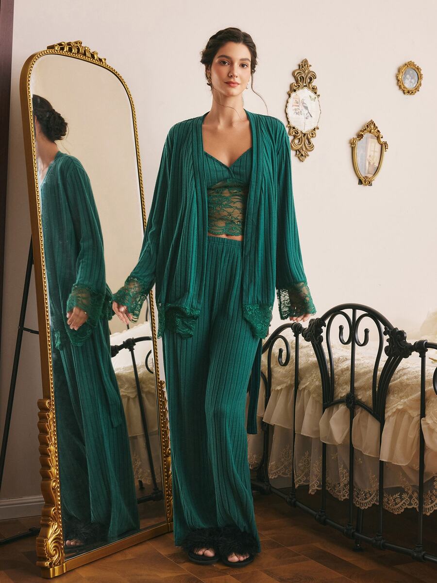 Côtesoire Women's Elegant Lace Patchwork Camisole Long Sleeve Top And Pants Pajama Set - Dark Green - View 1