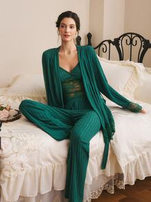 Côtesoire Women's Elegant Lace Patchwork Camisole Long Sleeve Top And Pants Pajama Set - Dark Green - View 4