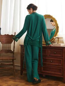 Côtesoire Women's Elegant Lace Patchwork Camisole Long Sleeve Top And Pants Pajama Set - Dark Green - View 2
