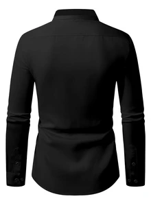 Manfinity Mode Manfinity Men's Black Twill Fabric Long‑Sleeve Button‑Up Shirt With Mandarin Collar, Smart‑Casual Dress Shirt Fall Business Daily Wear, Formal - Black - View 2