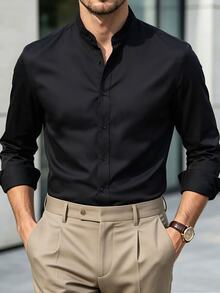 Manfinity Mode Manfinity Men's Black Twill Fabric Long‑Sleeve Button‑Up Shirt With Mandarin Collar, Smart‑Casual Dress Shirt Fall Business Daily Wear, Formal - Black - View 3