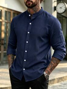 Manfinity Homme Men's Casual Versatile Single-Breasted Long Sleeve Shirt For Business Office - Navy Blue - View 4